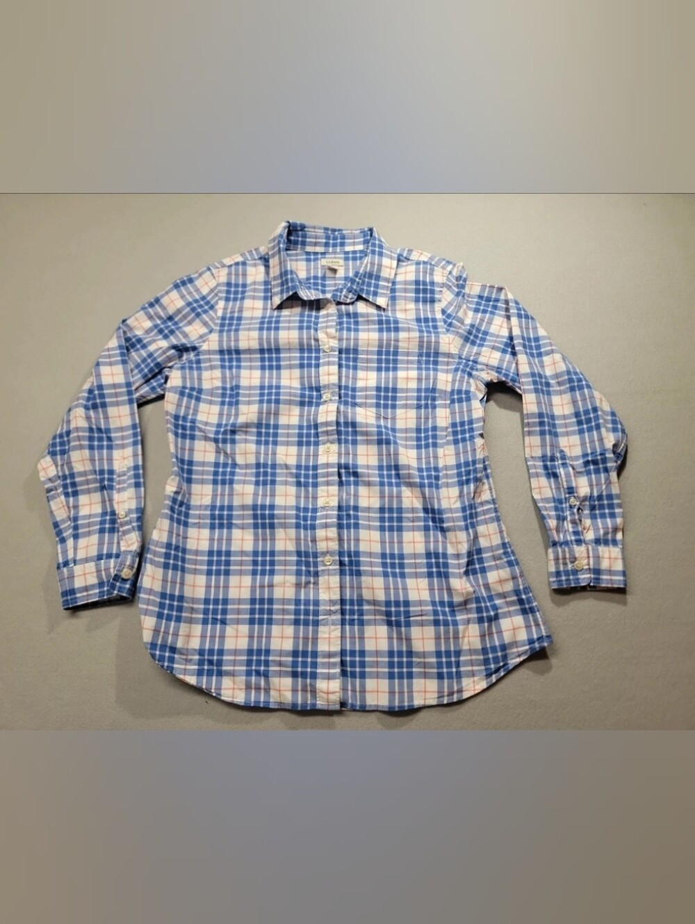 Womens LL Bean Blue and White Plaid Button-Up Shirt
